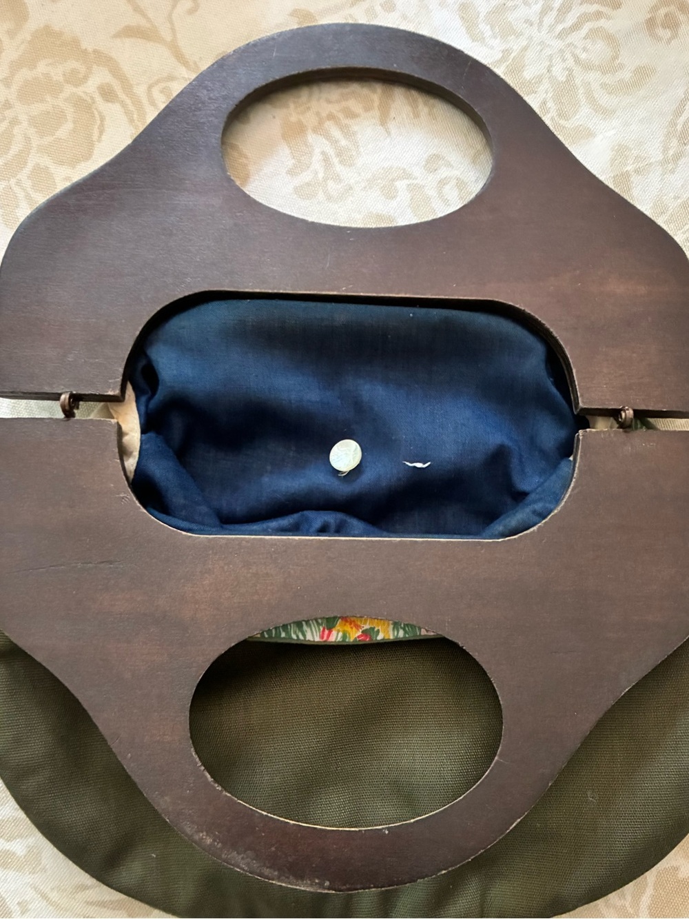 Bermuda Bag Purse Olive Green Cotton Cover 4 Button Wood Handles Vintage - Picture 4 of 7